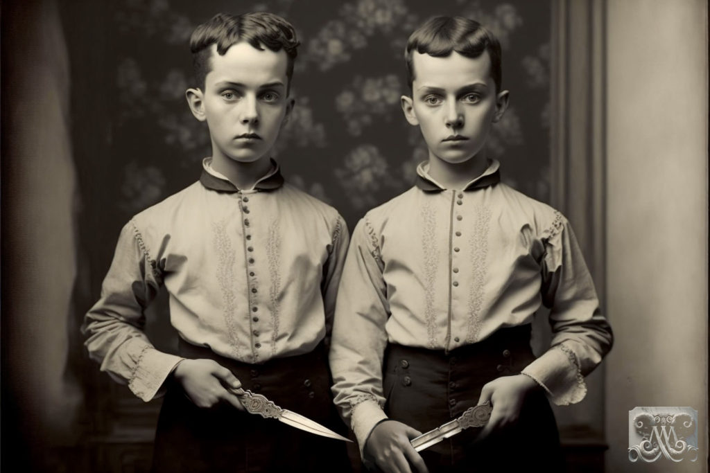 Illustration for Brahm Stoker - The Dualitists, two young twins with knives