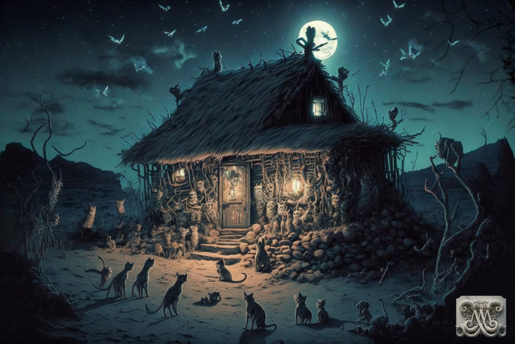 Illustration for H Lovecraft's Cats of Ulthar - cats swarming around cabin at night