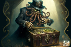 Lovecraftian Steampunk Thief raiding treasure chest