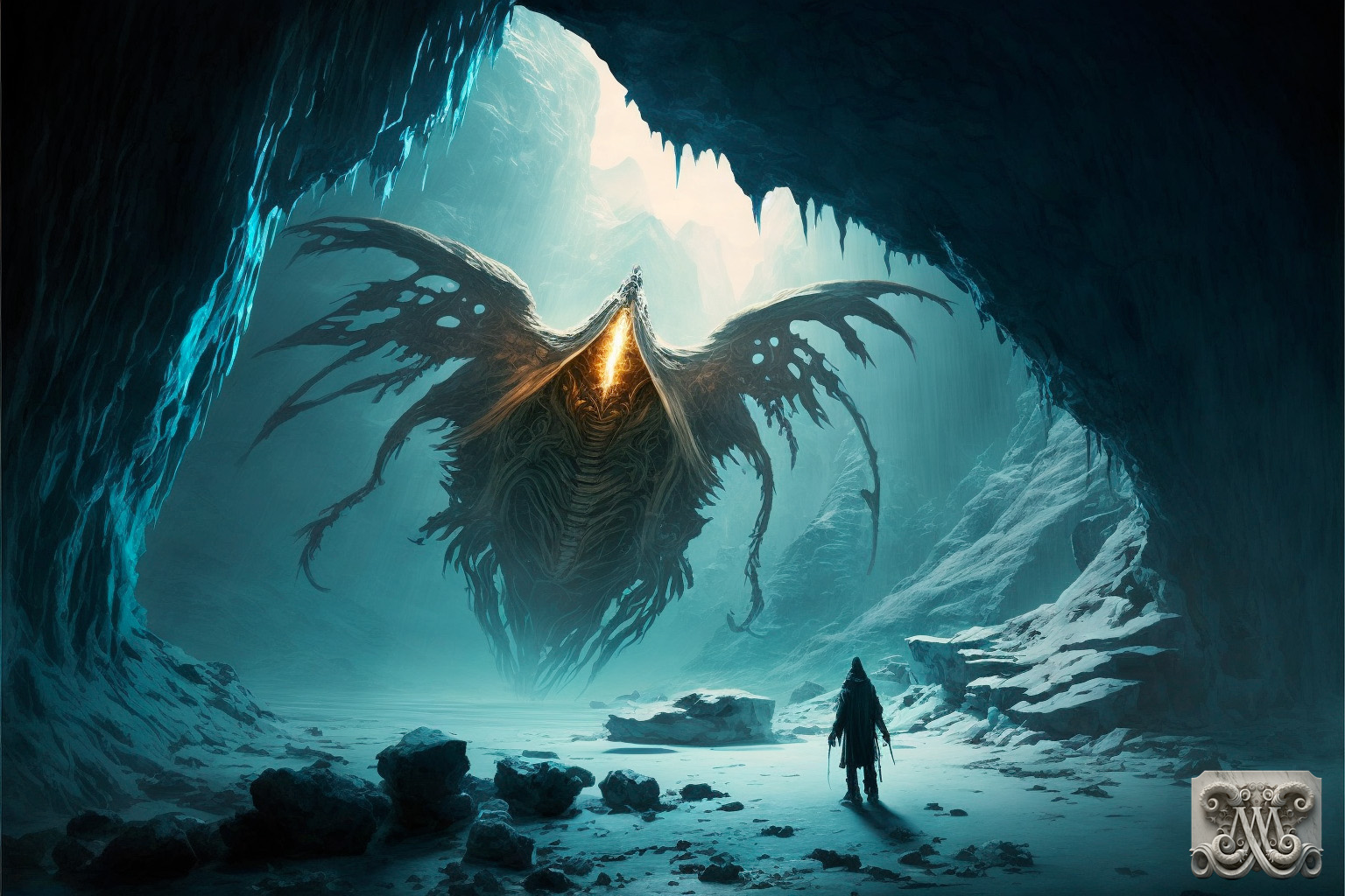 Illustration of Mountains of Madness by HP Lovecraft - Chaos Beast at cave entrance