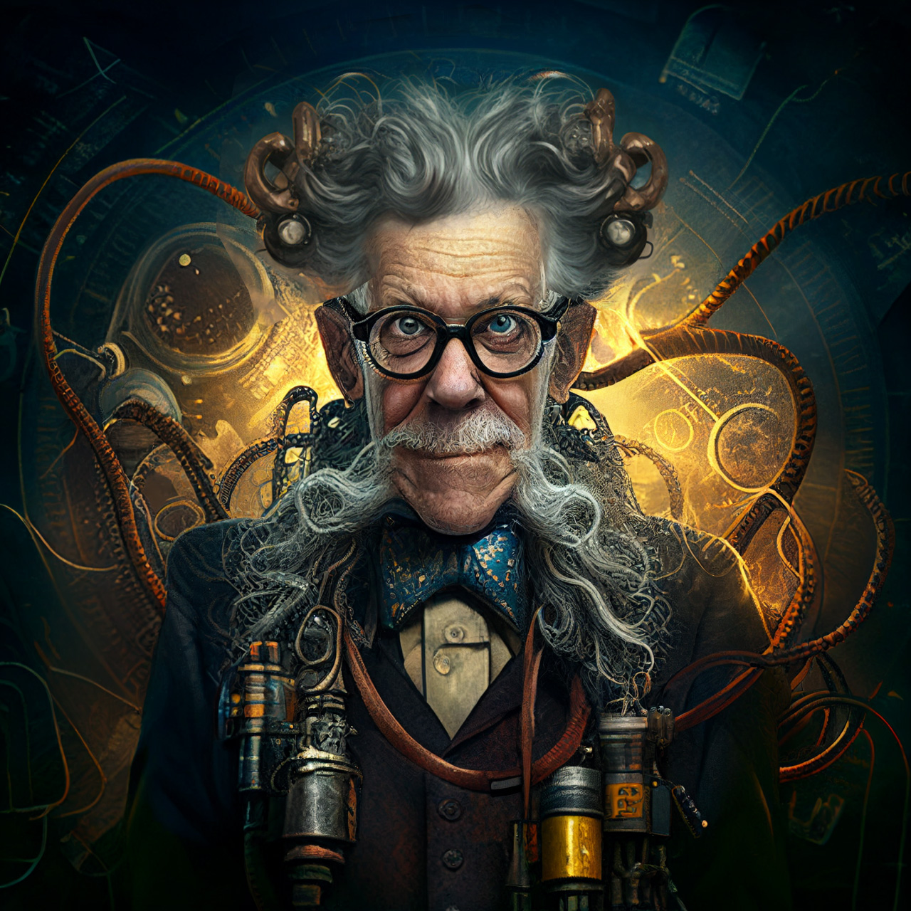 Portrait of Professor Adem M Kemy, a white haired and bearded man with eccentric hairstyle and science lab behind