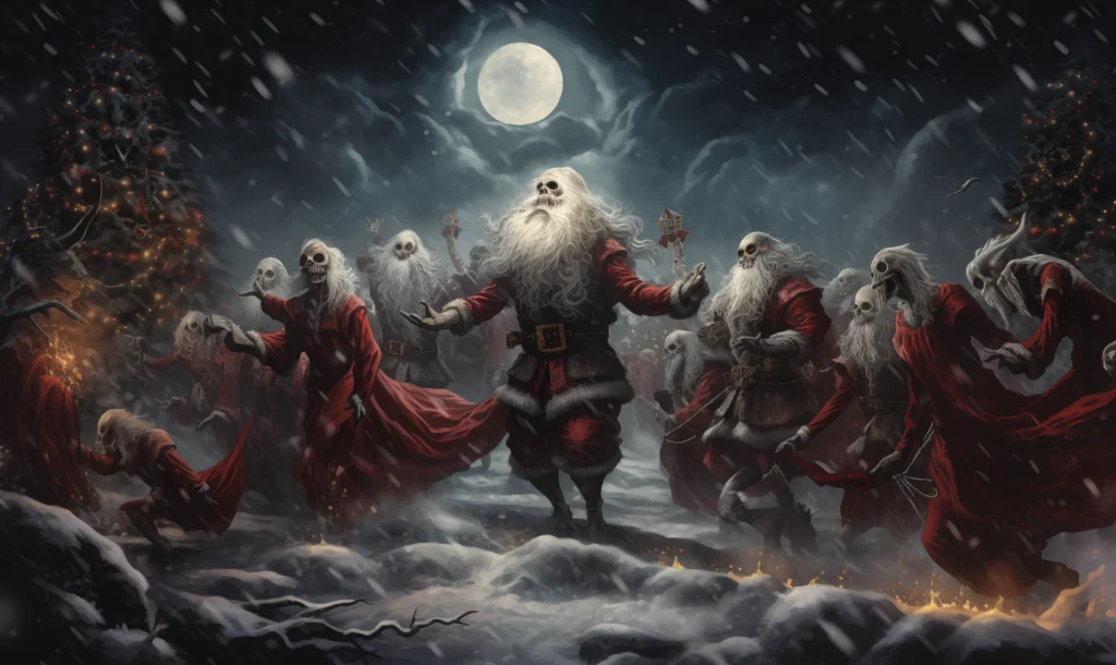 H.P. Lovecraft Festival/Yule Horror illustration - zombies in the snow wearing druidic clothing/santa garb